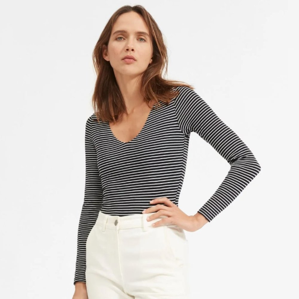Everlane Long Sleeve V-Neck Bodysuit - Black Striped